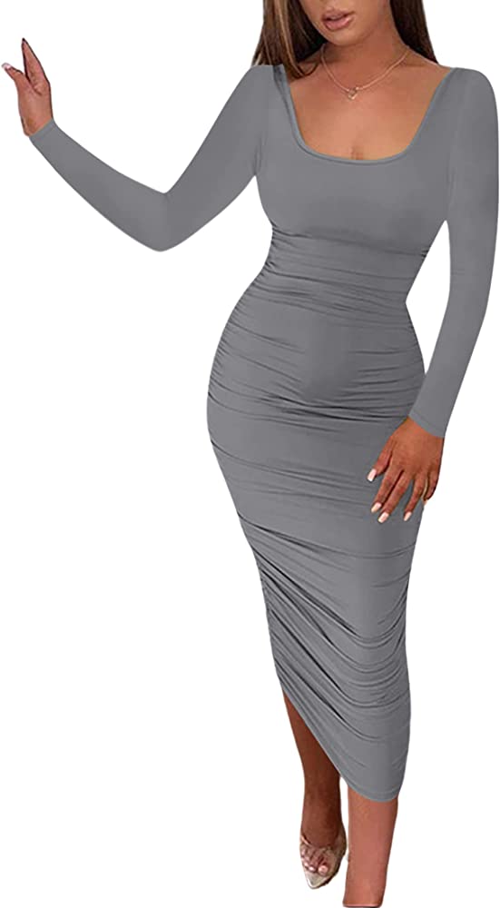 Amazon.Com: Kafiloe Women Sexy Bodycon Maxi Dress Long Sleeves Deep Spoon  Neck Ruched Long Basic Solid Dresses Light Grey S : Clothing, Shoes &  Jewelry