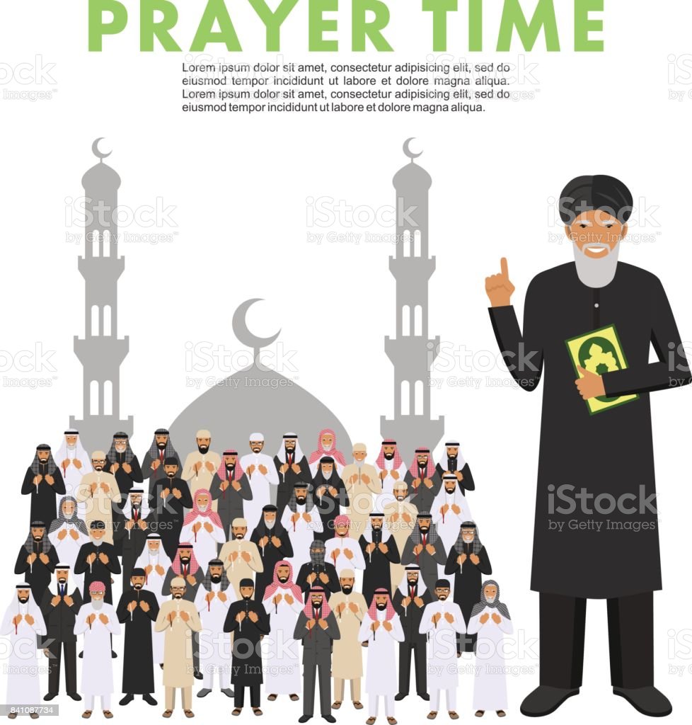 기도 시간입니다 다른 서 오래 된 이슬람 아랍어와 젊은 사람과 전통적인 아라비아 옷에 물 라 기도 꾸 란과 평 복입니다 이슬람 남자  손에 구슬 가진 기도 모스크와 첨탑의 실루엣입니다 벡터 일러스트입니다 설교자에
